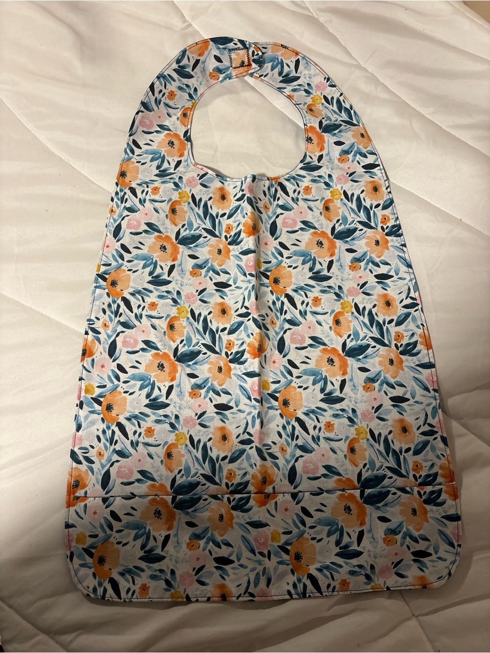 Floral Waterproof Adult Bib with Orange & Teal Flowers & pocket